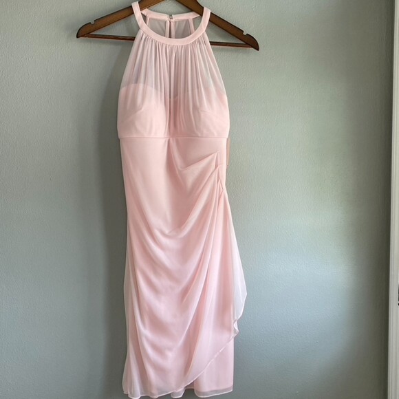 David's Bridal Women's Short High Neck Mesh Dress with Side Cascade Petal Pink - Picture 2 of 10